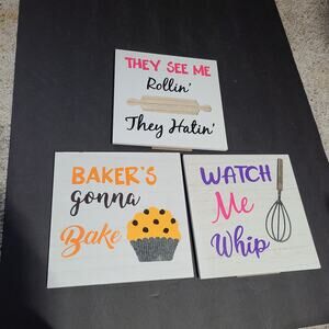 Kitsch Pun wooden kitchen signs set of 3 song based baking